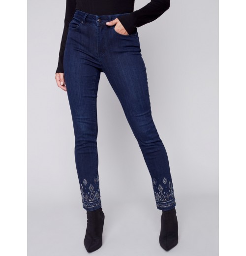 Slim Leg Jeans with Geometric Embroidery - Blue Black Slim Leg Jeans with Geometric Embroidery - Blue Black