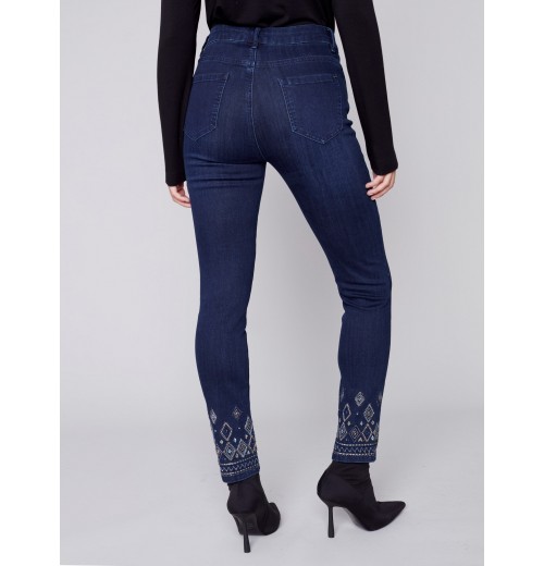 Slim Leg Jeans with Geometric Embroidery - Blue Black Slim Leg Jeans with Geometric Embroidery - Blue Black