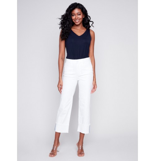 Straight Leg Jeans with Folded Cuff - White Straight Leg Jeans with Folded Cuff - White
