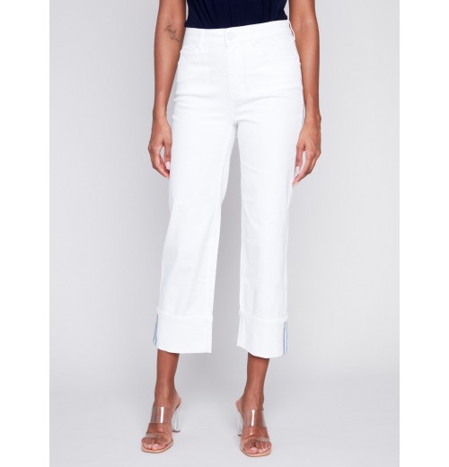 Straight Leg Jeans with Folded Cuff - White Straight Leg Jeans with Folded Cuff - White