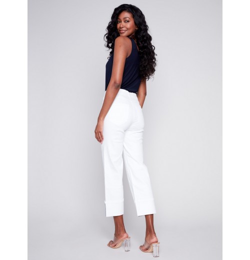 Straight Leg Jeans with Folded Cuff - White Straight Leg Jeans with Folded Cuff - White
