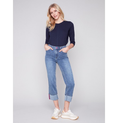 Straight Leg Jeans with Folded Cuff - Medium Blue Straight Leg Jeans with Folded Cuff - Medium Blue