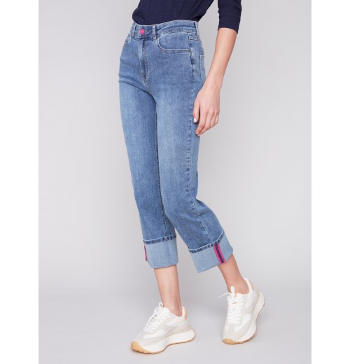 Straight Leg Jeans with Folded Cuff - Medium Blue Straight Leg Jeans with Folded Cuff - Medium Blue