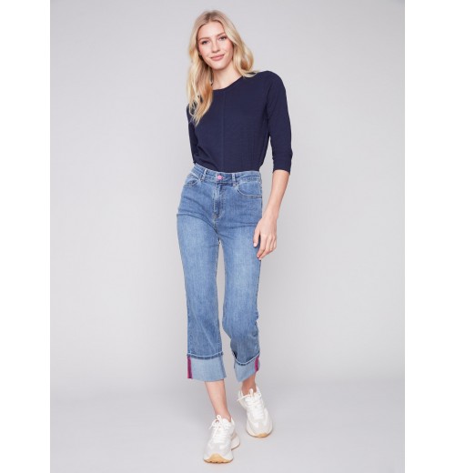 Straight Leg Jeans with Folded Cuff - Medium Blue Straight Leg Jeans with Folded Cuff - Medium Blue