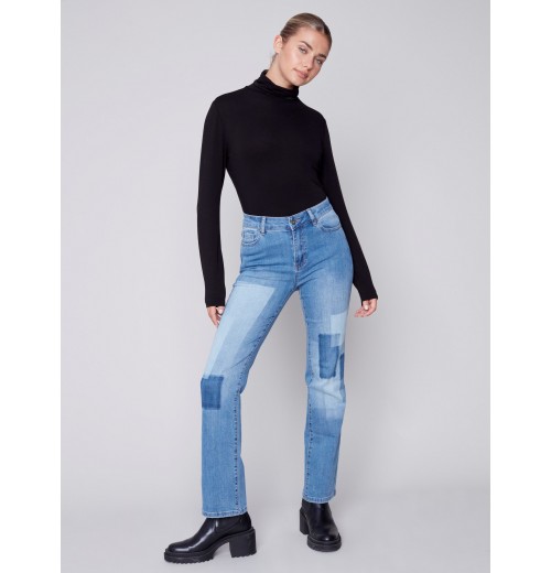 Straight Leg Jeans with Trompe L'Oeil Patch Detail - Medium Blue Straight Leg Jeans with Trompe L'Oeil Patch Detail - Medium Blue