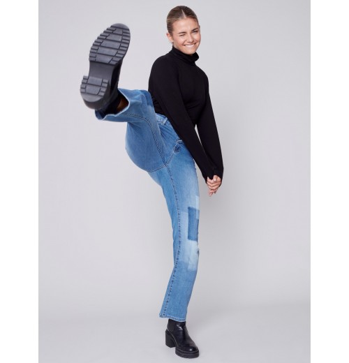 Straight Leg Jeans with Trompe L'Oeil Patch Detail - Medium Blue Straight Leg Jeans with Trompe L'Oeil Patch Detail - Medium Blue