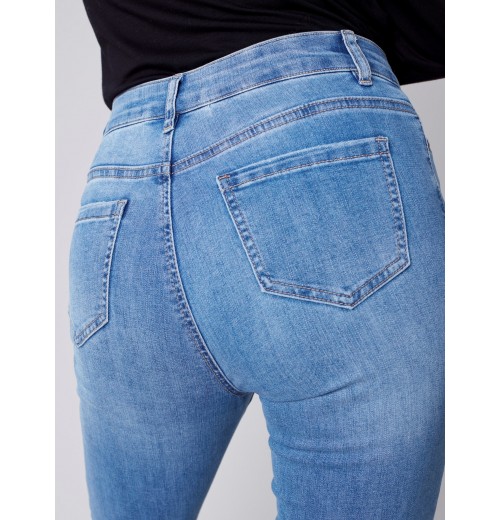 Straight Leg Jeans with Trompe L'Oeil Patch Detail - Medium Blue Straight Leg Jeans with Trompe L'Oeil Patch Detail - Medium Blue