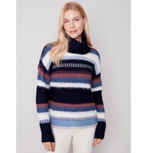 Striped Cowl Neck Sweater - Navy Striped Cowl Neck Sweater - Navy