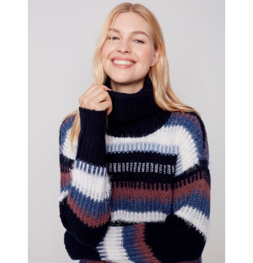 Striped Cowl Neck Sweater - Navy Striped Cowl Neck Sweater - Navy
