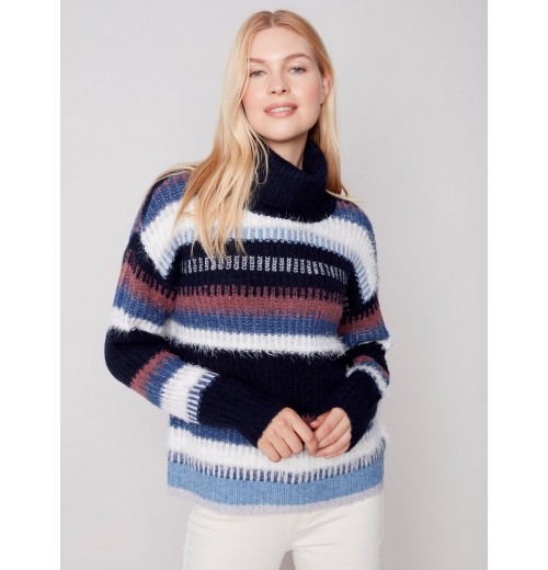 Striped Cowl Neck Sweater - Navy Striped Cowl Neck Sweater - Navy