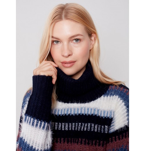 Striped Cowl Neck Sweater - Navy Striped Cowl Neck Sweater - Navy