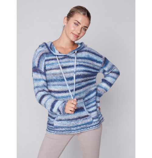 Striped Hooded Sweater with Kangaroo Pocket - Denim Striped Hooded Sweater with Kangaroo Pocket - Denim
