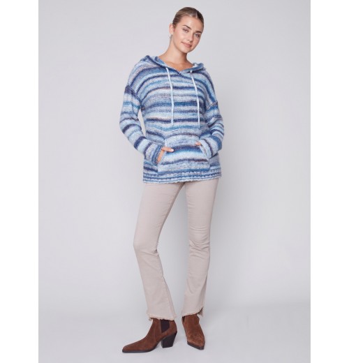 Striped Hooded Sweater with Kangaroo Pocket - Denim Striped Hooded Sweater with Kangaroo Pocket - Denim