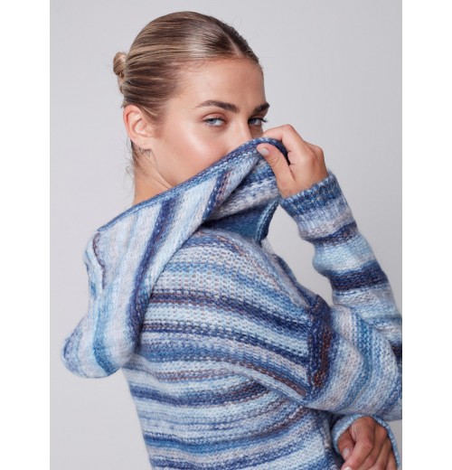 Striped Hooded Sweater with Kangaroo Pocket - Denim Striped Hooded Sweater with Kangaroo Pocket - Denim