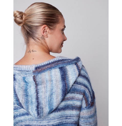 Striped Hooded Sweater with Kangaroo Pocket - Denim Striped Hooded Sweater with Kangaroo Pocket - Denim