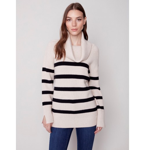 Striped Sweater with Cowl Neck - Almond Striped Sweater with Cowl Neck - Almond