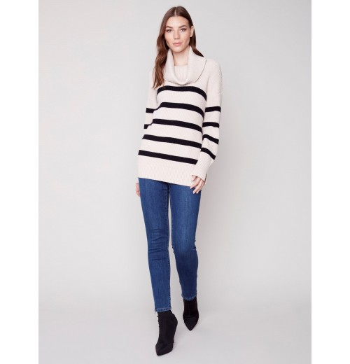 Striped Sweater with Cowl Neck - Almond Striped Sweater with Cowl Neck - Almond