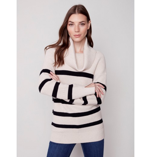 Striped Sweater with Cowl Neck - Almond Striped Sweater with Cowl Neck - Almond
