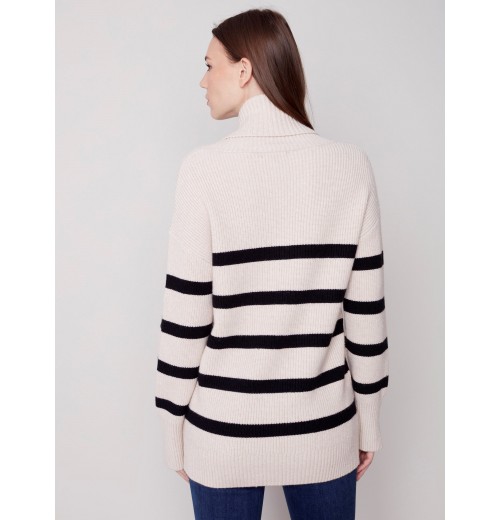 Striped Sweater with Cowl Neck - Almond Striped Sweater with Cowl Neck - Almond