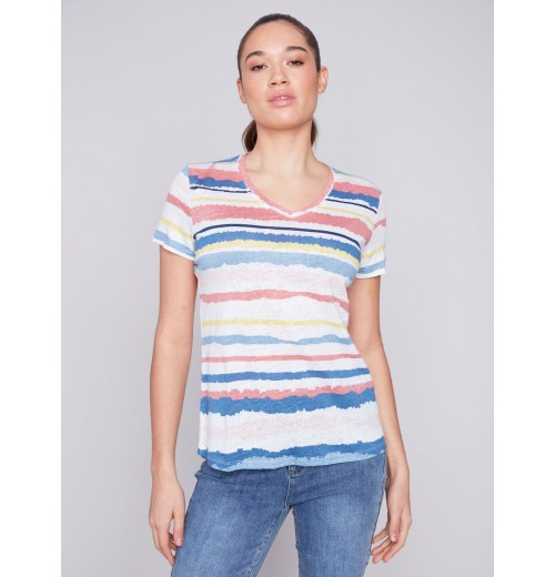 Striped V-Neck Linen T-Shirt - Pastel Striped V-Neck Linen T-Shirt - Pastel