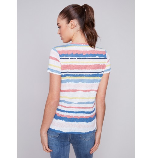 Striped V-Neck Linen T-Shirt - Pastel Striped V-Neck Linen T-Shirt - Pastel