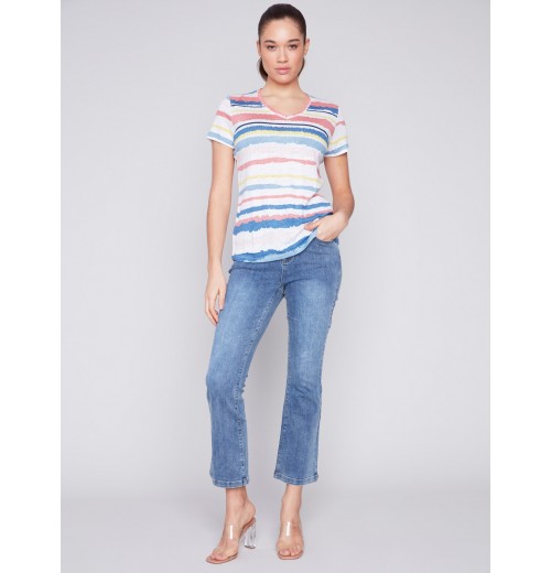 Striped V-Neck Linen T-Shirt - Pastel Striped V-Neck Linen T-Shirt - Pastel