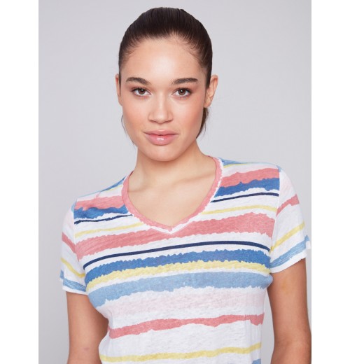 Striped V-Neck Linen T-Shirt - Pastel Striped V-Neck Linen T-Shirt - Pastel