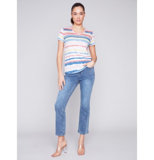 Striped V-Neck Linen T-Shirt - Pastel Striped V-Neck Linen T-Shirt - Pastel
