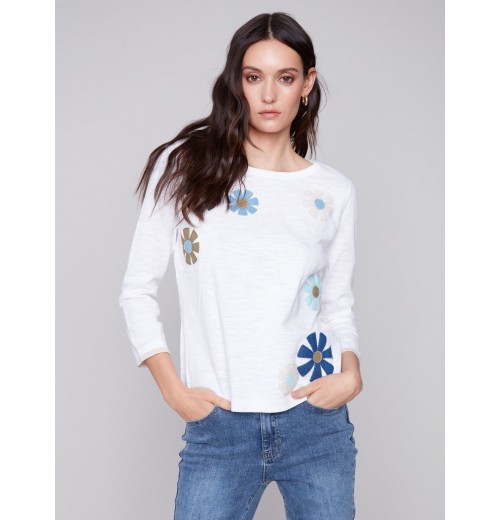 Sweater with Flower Patches - White Sweater with Flower Patches - White