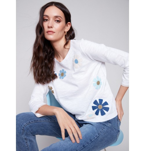 Sweater with Flower Patches - White Sweater with Flower Patches - White