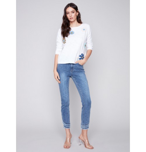 Sweater with Flower Patches - White Sweater with Flower Patches - White