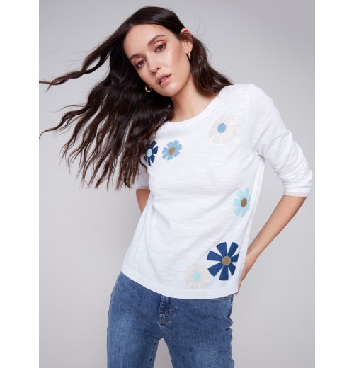 Sweater with Flower Patches - White Sweater with Flower Patches - White