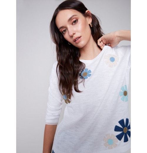 Sweater with Flower Patches - White Sweater with Flower Patches - White