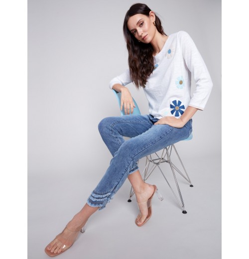 Sweater with Flower Patches - White Sweater with Flower Patches - White