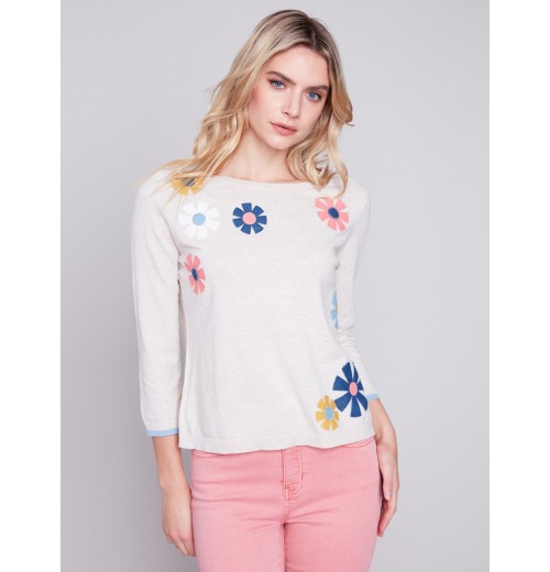 Sweater with Flower Patches - Beige Sweater with Flower Patches - Beige