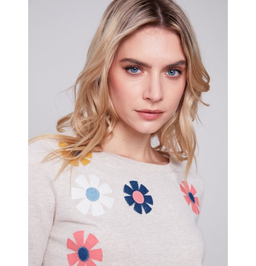Sweater with Flower Patches - Beige Sweater with Flower Patches - Beige