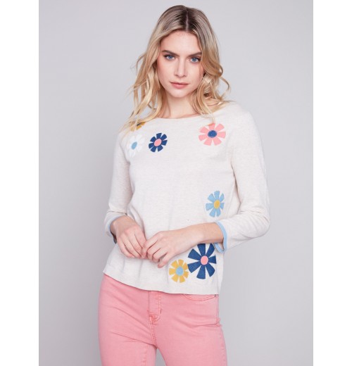 Sweater with Flower Patches - Beige Sweater with Flower Patches - Beige
