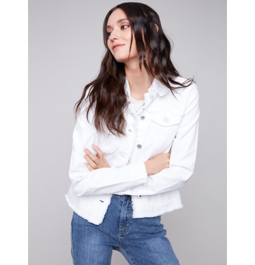 Twill Jean Jacket with Frayed Edges - White Twill Jean Jacket with Frayed Edges - White