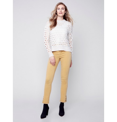 Twill Jeans with Eyelet Hem Detail - Gold Twill Jeans with Eyelet Hem Detail - Gold