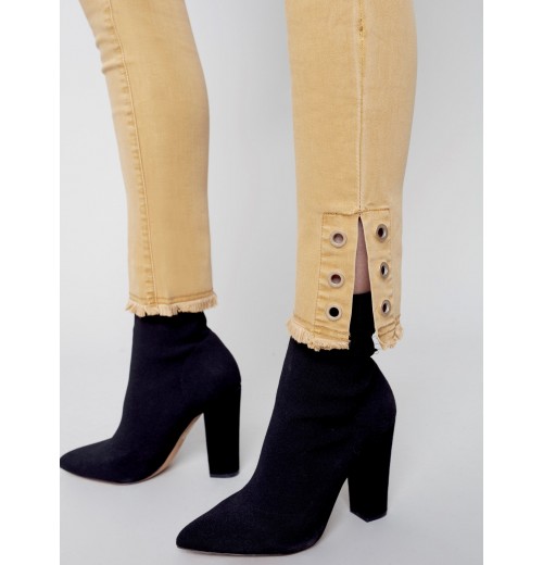 Twill Jeans with Eyelet Hem Detail - Gold Twill Jeans with Eyelet Hem Detail - Gold