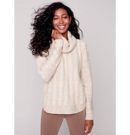 Two-Toned Cable Knit Cowl Neck Sweater - Almond Two-Toned Cable Knit Cowl Neck Sweater - Almond