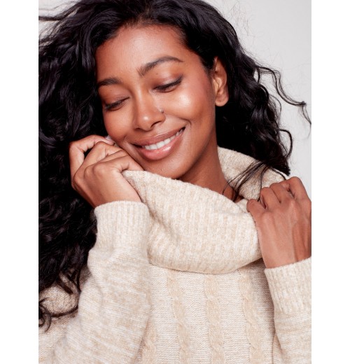 Two-Toned Cable Knit Cowl Neck Sweater - Almond Two-Toned Cable Knit Cowl Neck Sweater - Almond