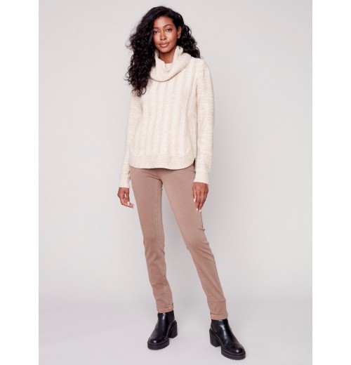Two-Toned Cable Knit Cowl Neck Sweater - Almond Two-Toned Cable Knit Cowl Neck Sweater - Almond