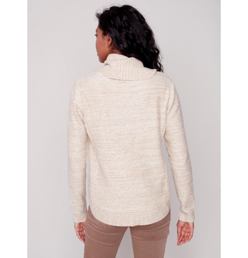 Two-Toned Cable Knit Cowl Neck Sweater - Almond Two-Toned Cable Knit Cowl Neck Sweater - Almond
