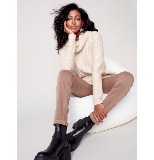 Two-Toned Cable Knit Cowl Neck Sweater - Almond Two-Toned Cable Knit Cowl Neck Sweater - Almond