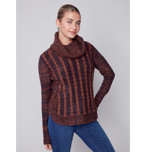 Two-Toned Cable Knit Cowl Neck Sweater - Cinnamon Two-Toned Cable Knit Cowl Neck Sweater - Cinnamon