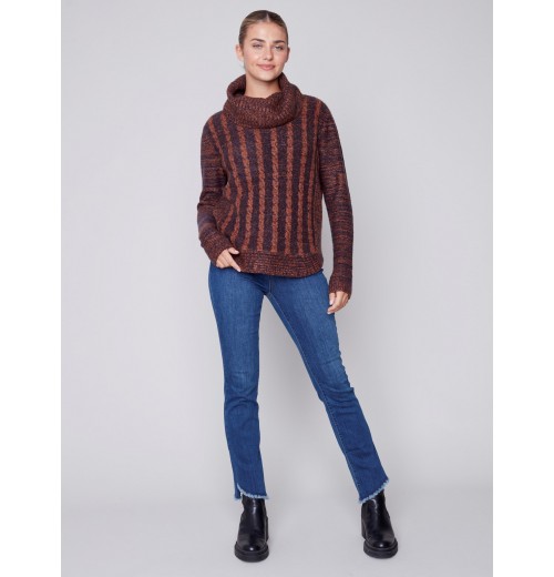 Two-Toned Cable Knit Cowl Neck Sweater - Cinnamon Two-Toned Cable Knit Cowl Neck Sweater - Cinnamon