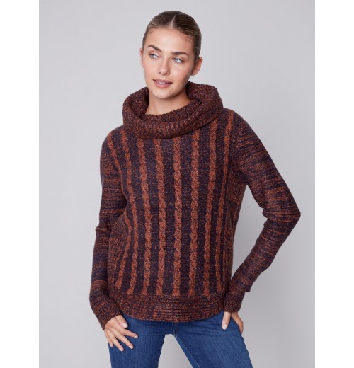 Two-Toned Cable Knit Cowl Neck Sweater - Cinnamon Two-Toned Cable Knit Cowl Neck Sweater - Cinnamon