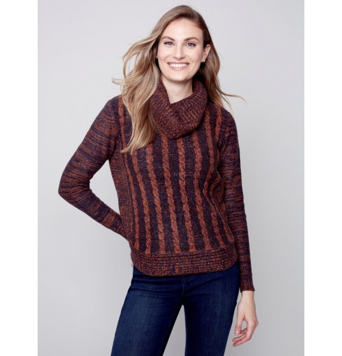Two-Toned Cable Knit Cowl Neck Sweater - Cinnamon Two-Toned Cable Knit Cowl Neck Sweater - Cinnamon