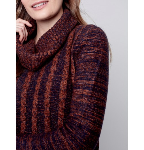 Two-Toned Cable Knit Cowl Neck Sweater - Cinnamon Two-Toned Cable Knit Cowl Neck Sweater - Cinnamon